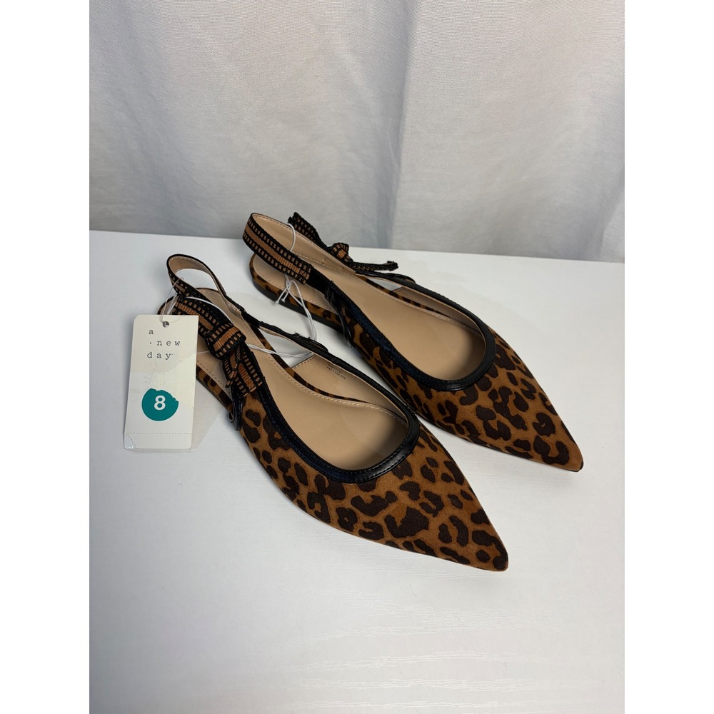 A New Day Women Leopard Print Slingback Pointed Toe Bow Flats Brown Black 8